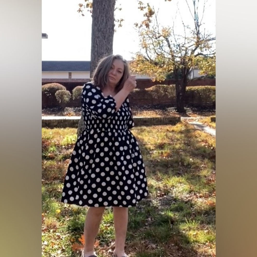 Polka-Dot AVA & VIV Puff Sleeve Luxury Black & White Dress - Picture 3 of 16